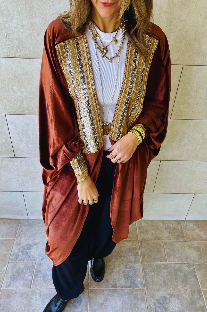 Brown Embellished Velvet Kimono