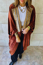 Brown Embellished Velvet Kimono