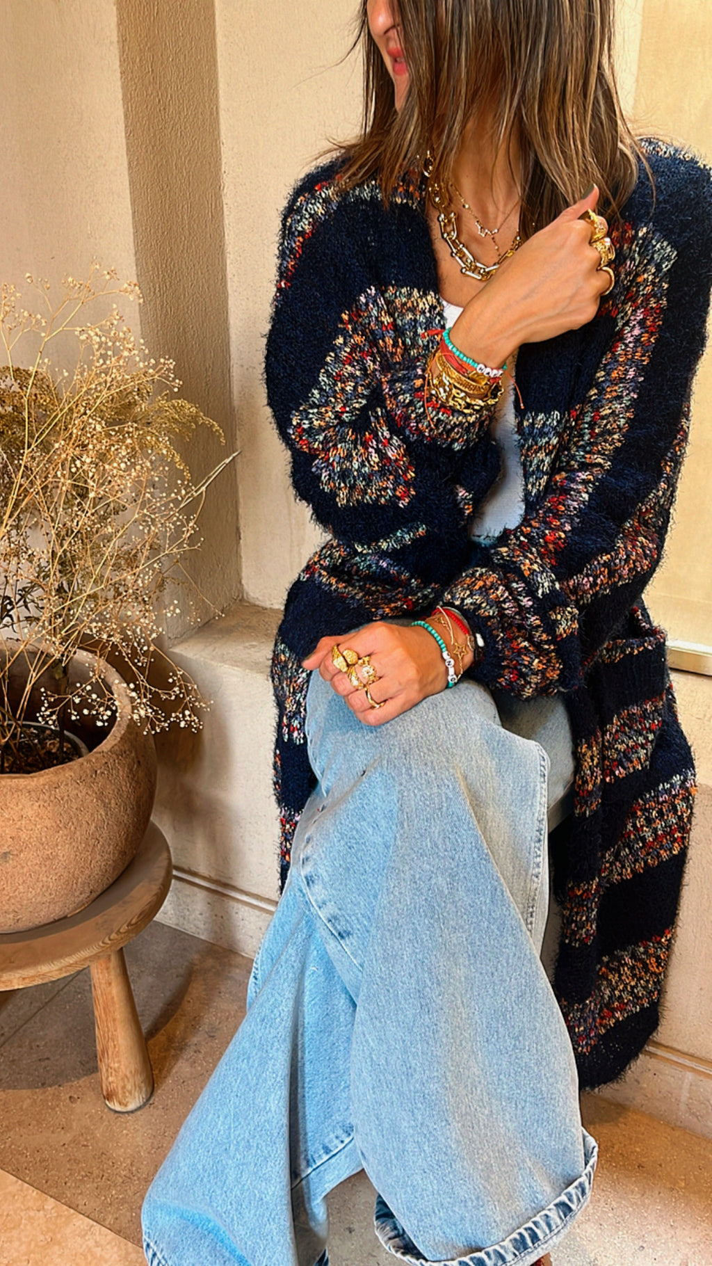 Navy Rainbow Fuzz Wool Cardi