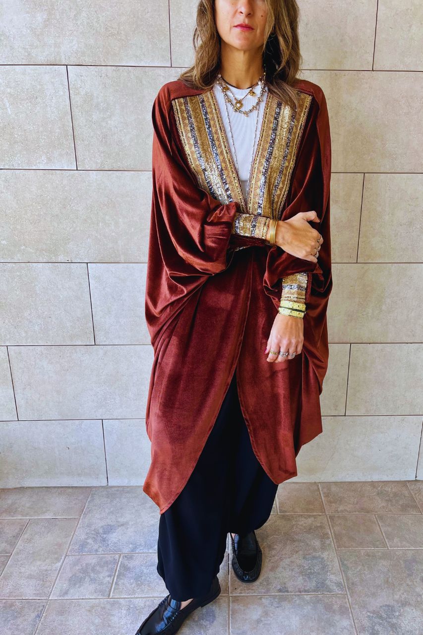 Brown Embellished Velvet Kimono