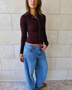 Brown Buttons Up Ribbed Top