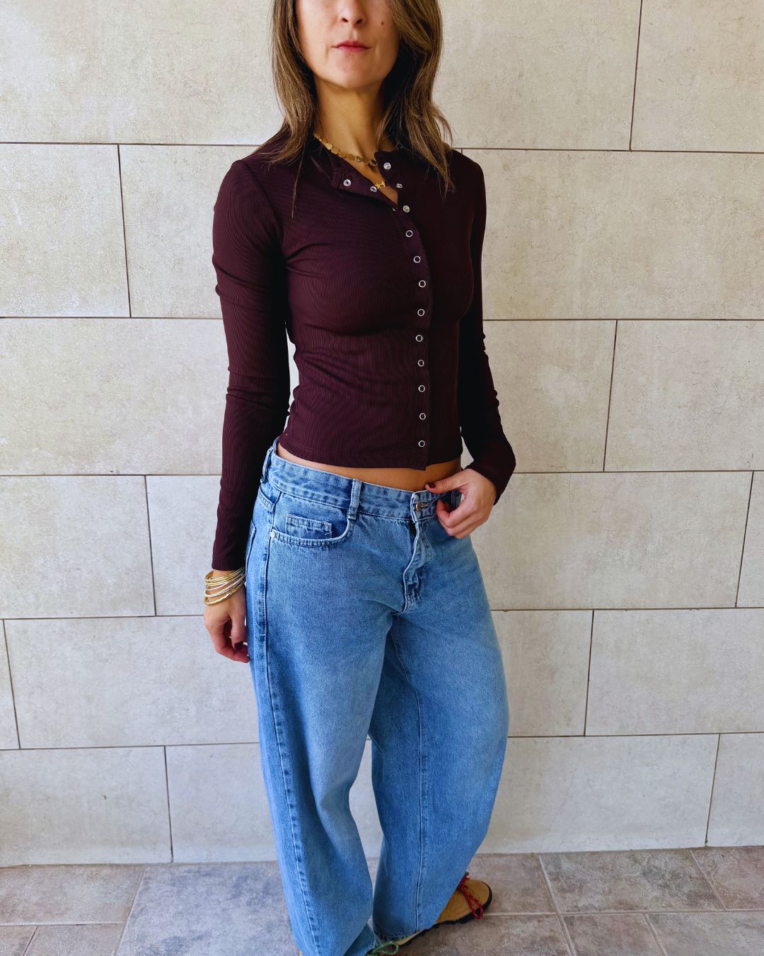Brown Buttons Up Ribbed Top