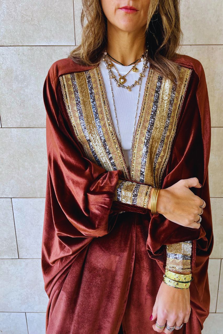 Brown Embellished Velvet Kimono