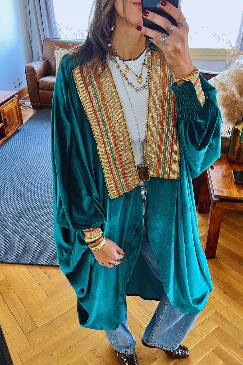Turquoise Embellished Velvet Kimono