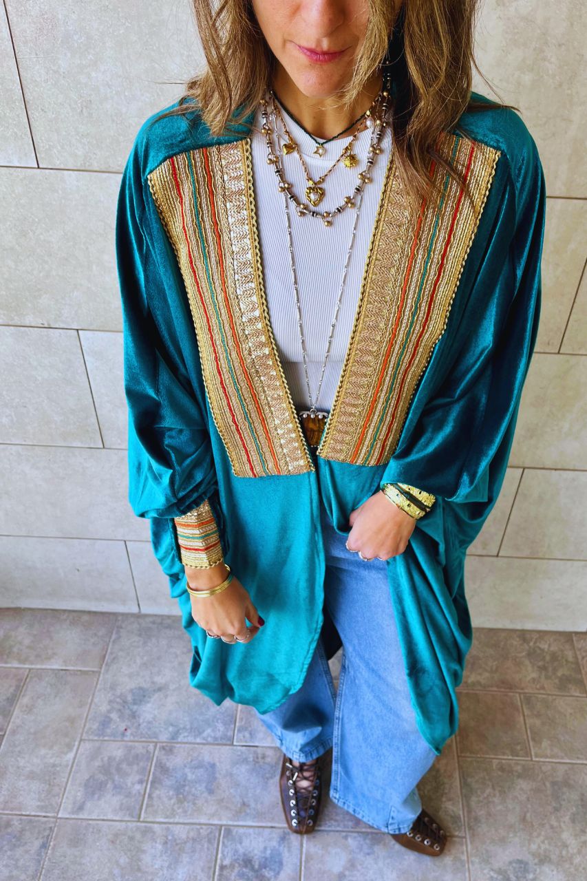 Turquoise Embellished Velvet Kimono