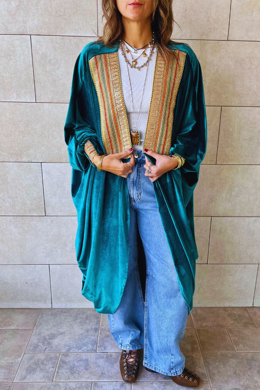 Turquoise Embellished Velvet Kimono
