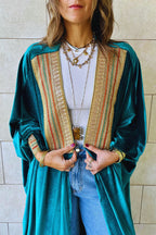 Turquoise Embellished Velvet Kimono