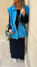 Blue Exaggerated Double Pocket Denim Vest