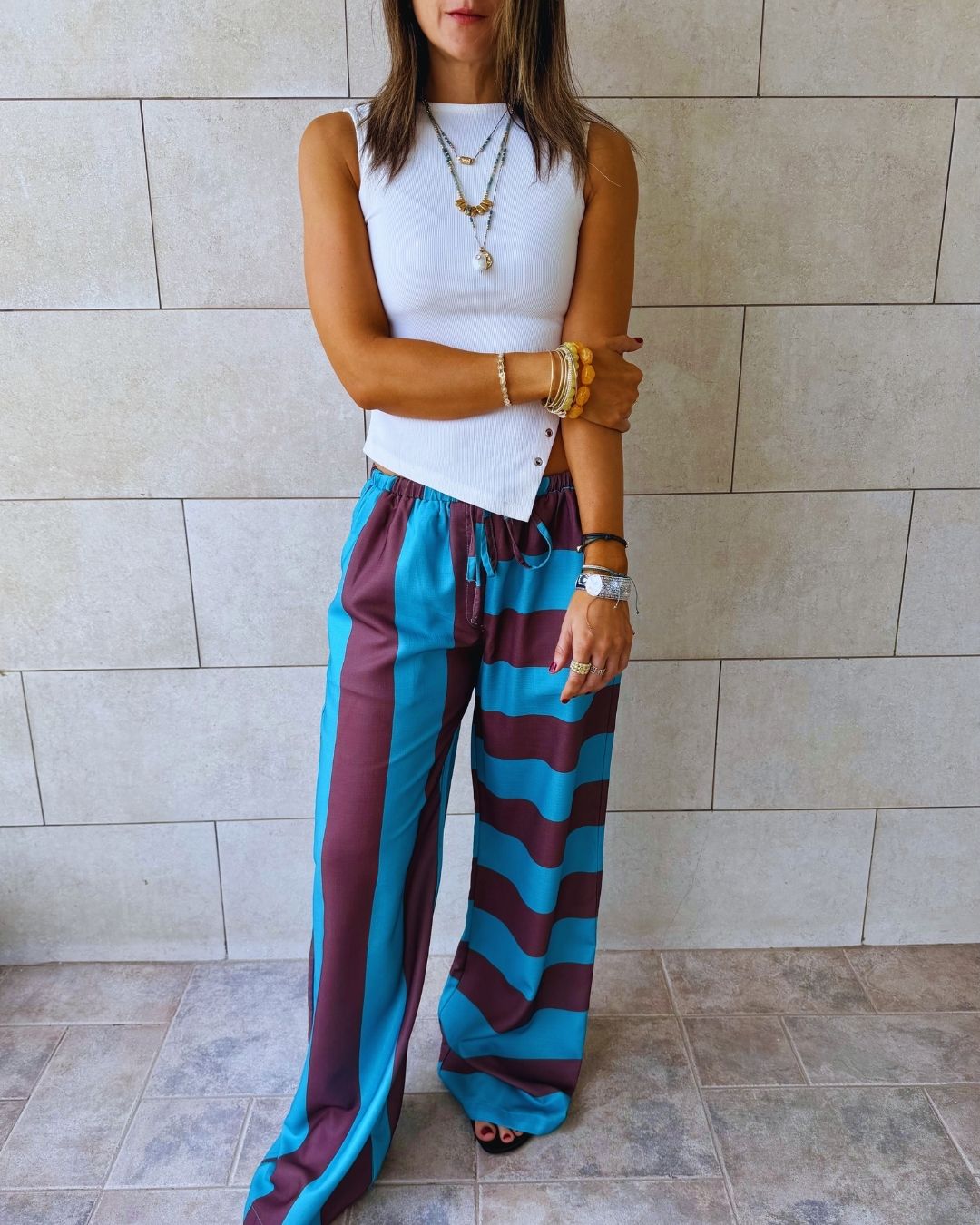 Turquoise & Brown Striped Colored Pants