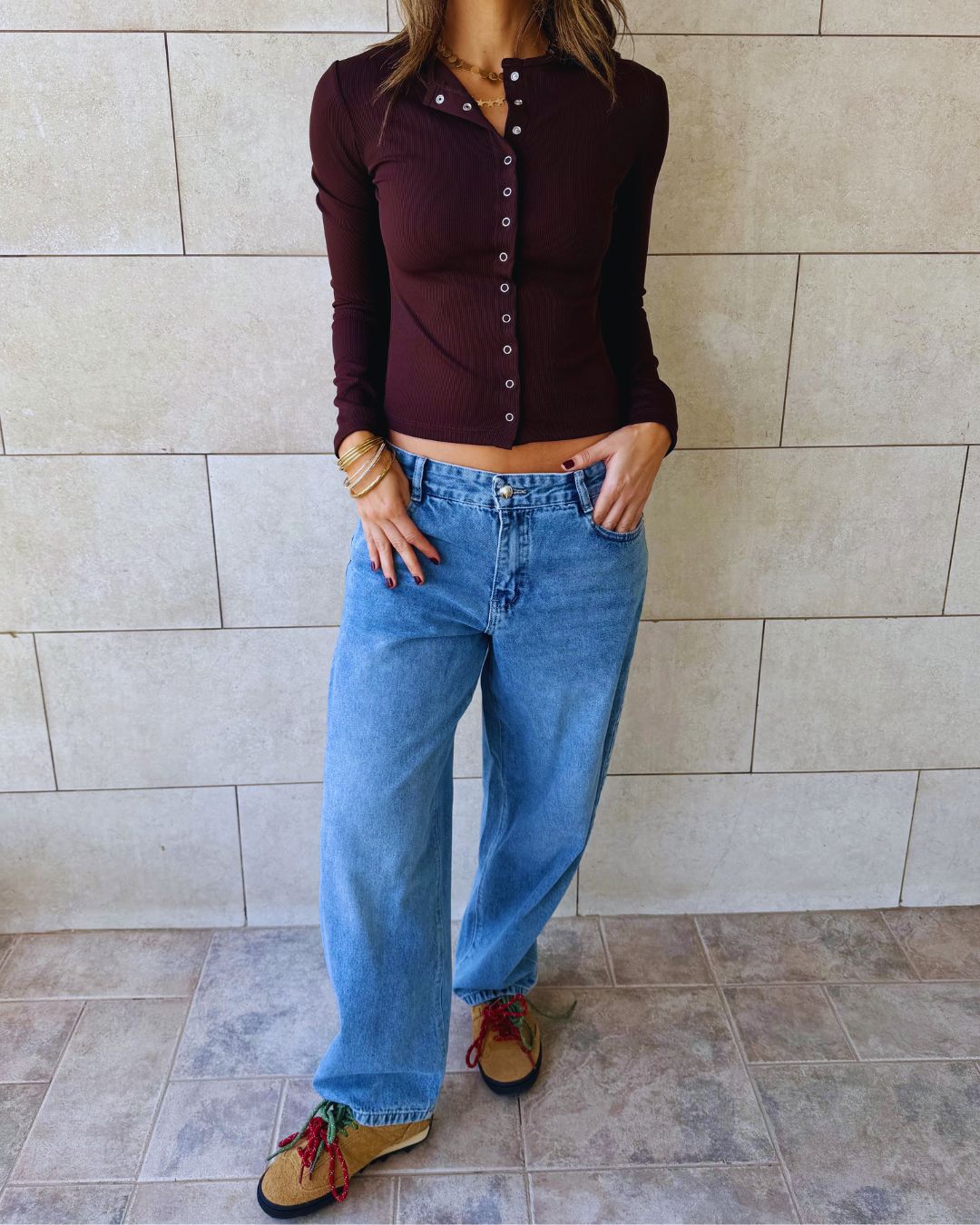 Brown Buttons Up Ribbed Top