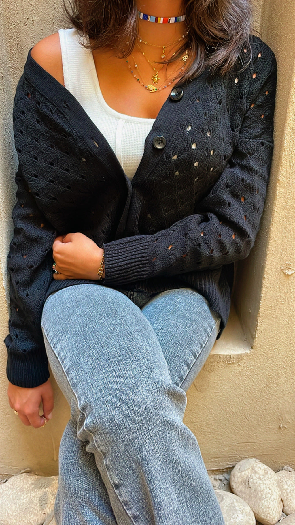 Black V Button Light Cardi