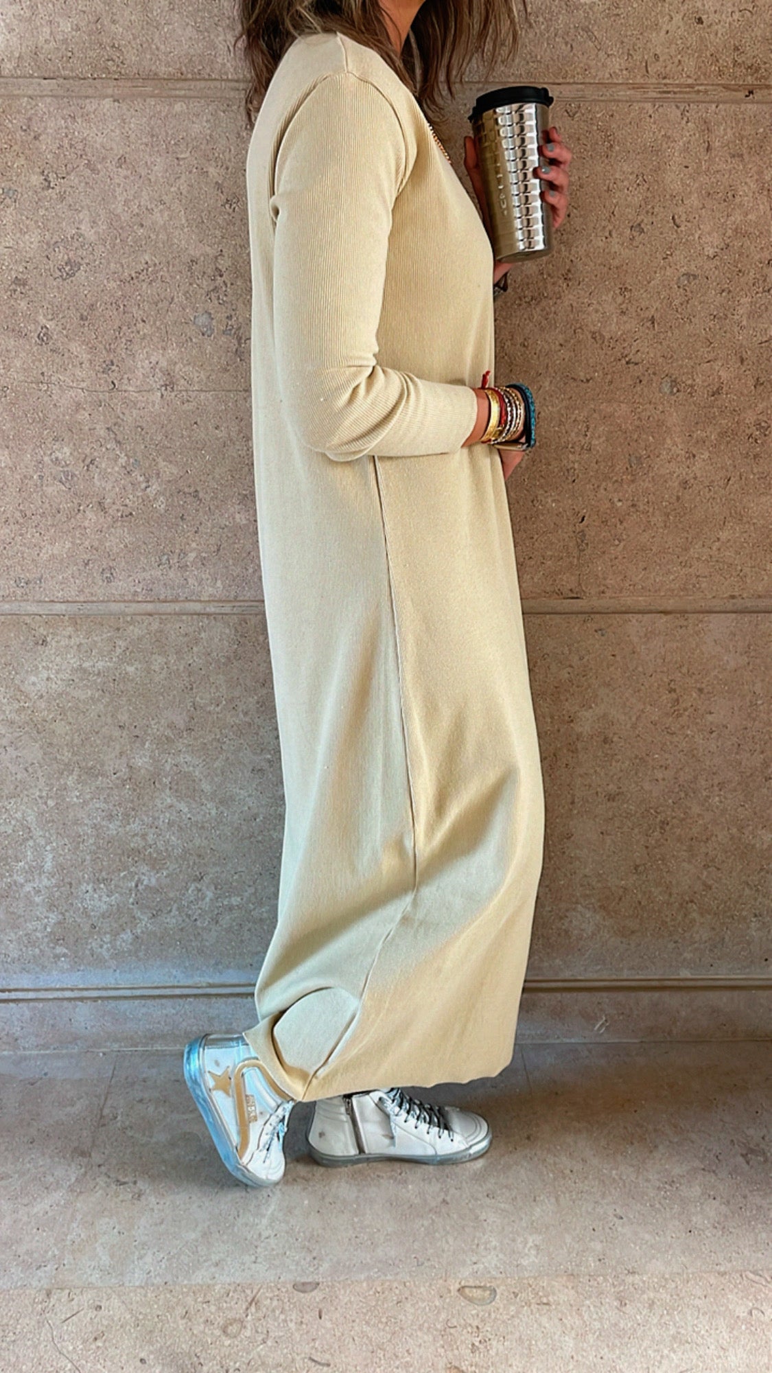 Beige Ribbed Basic Dress