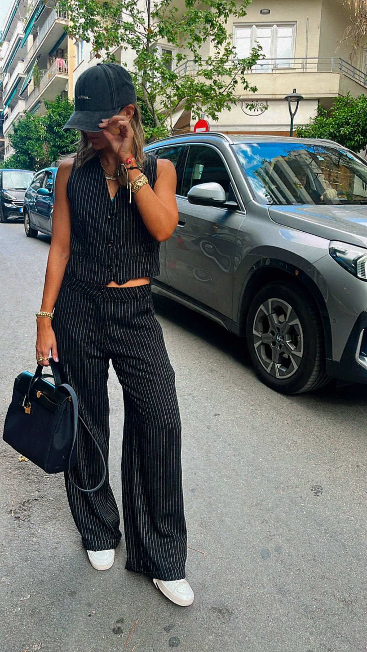 Black Lined Linen Vest Set