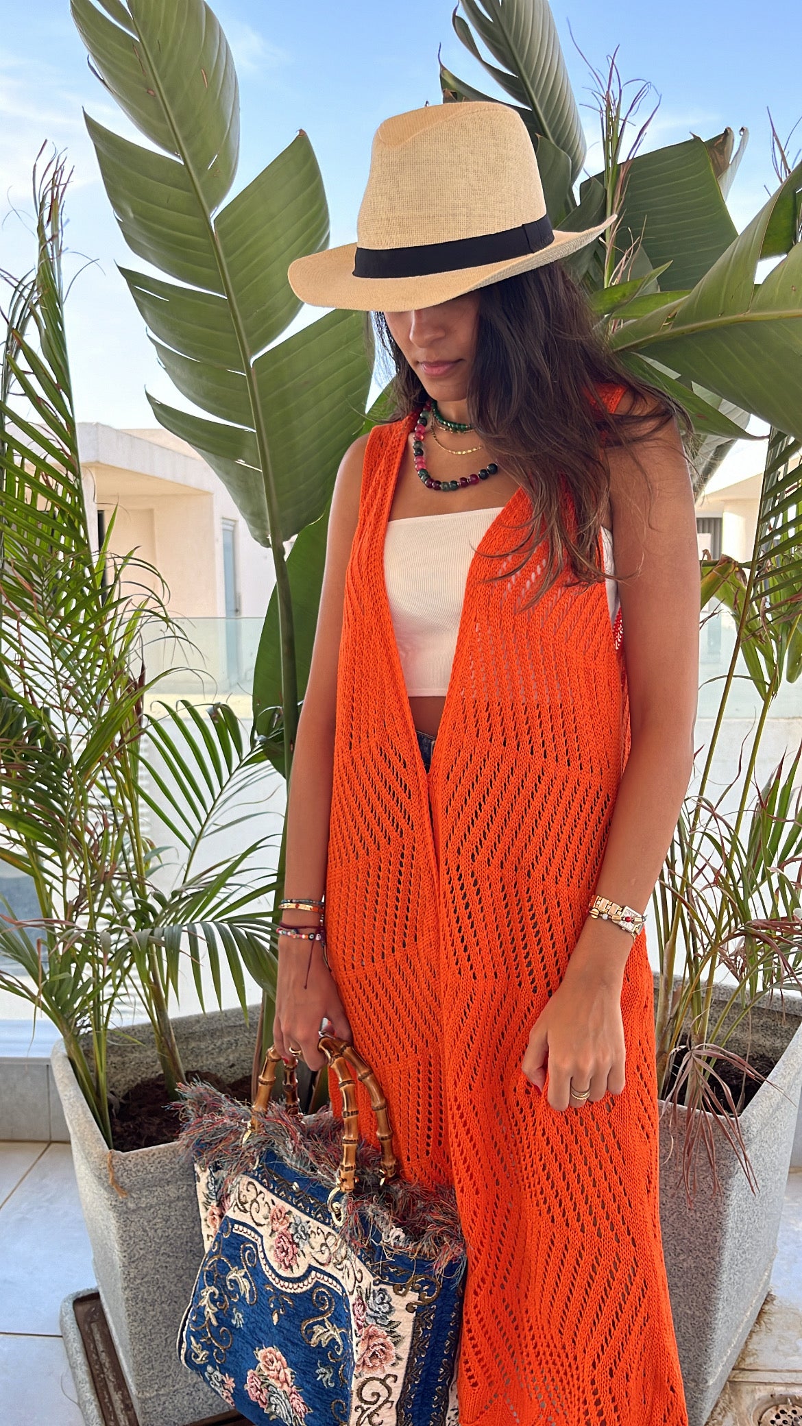 Orange Crochet Longline Vest