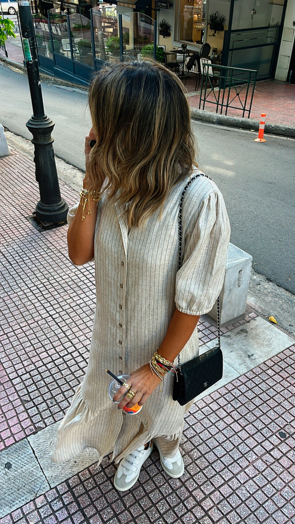 Beige Lined Times Button Linen Dress