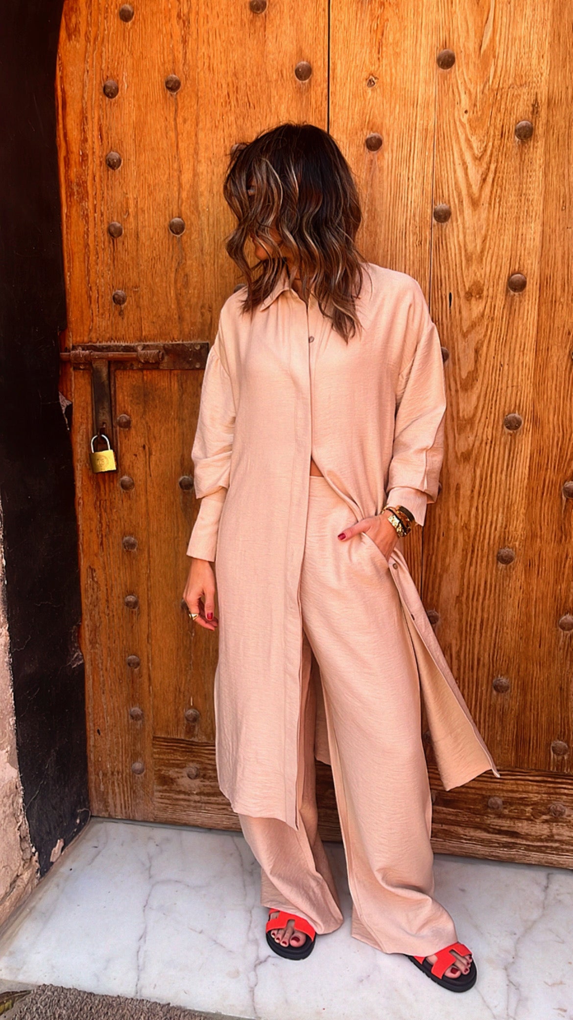 Beige Longline Shirt Set