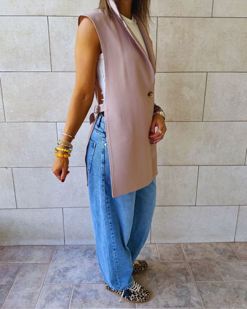 Beige Buckle Side Oversized Vest