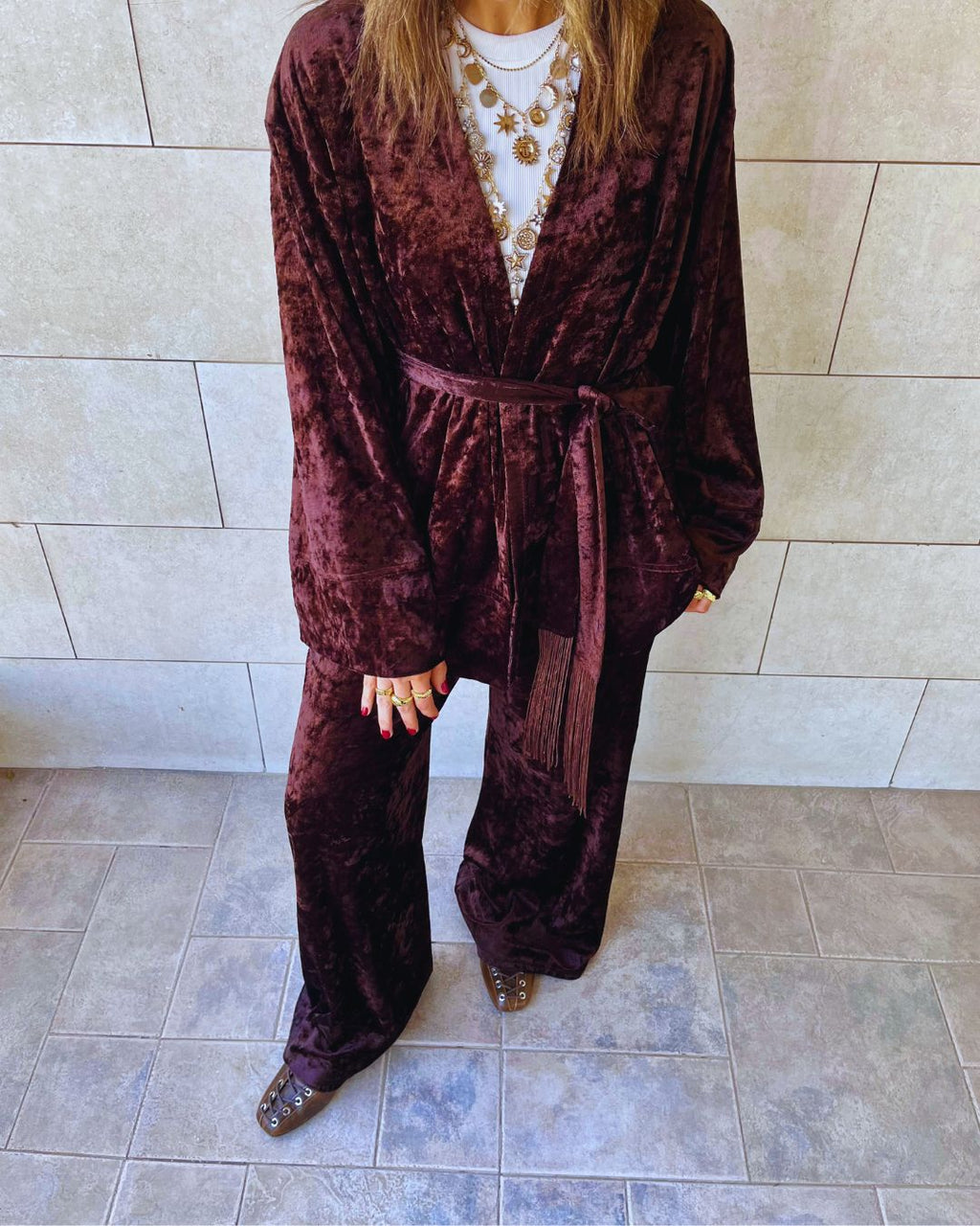 Brown Flowy Velvet Pants