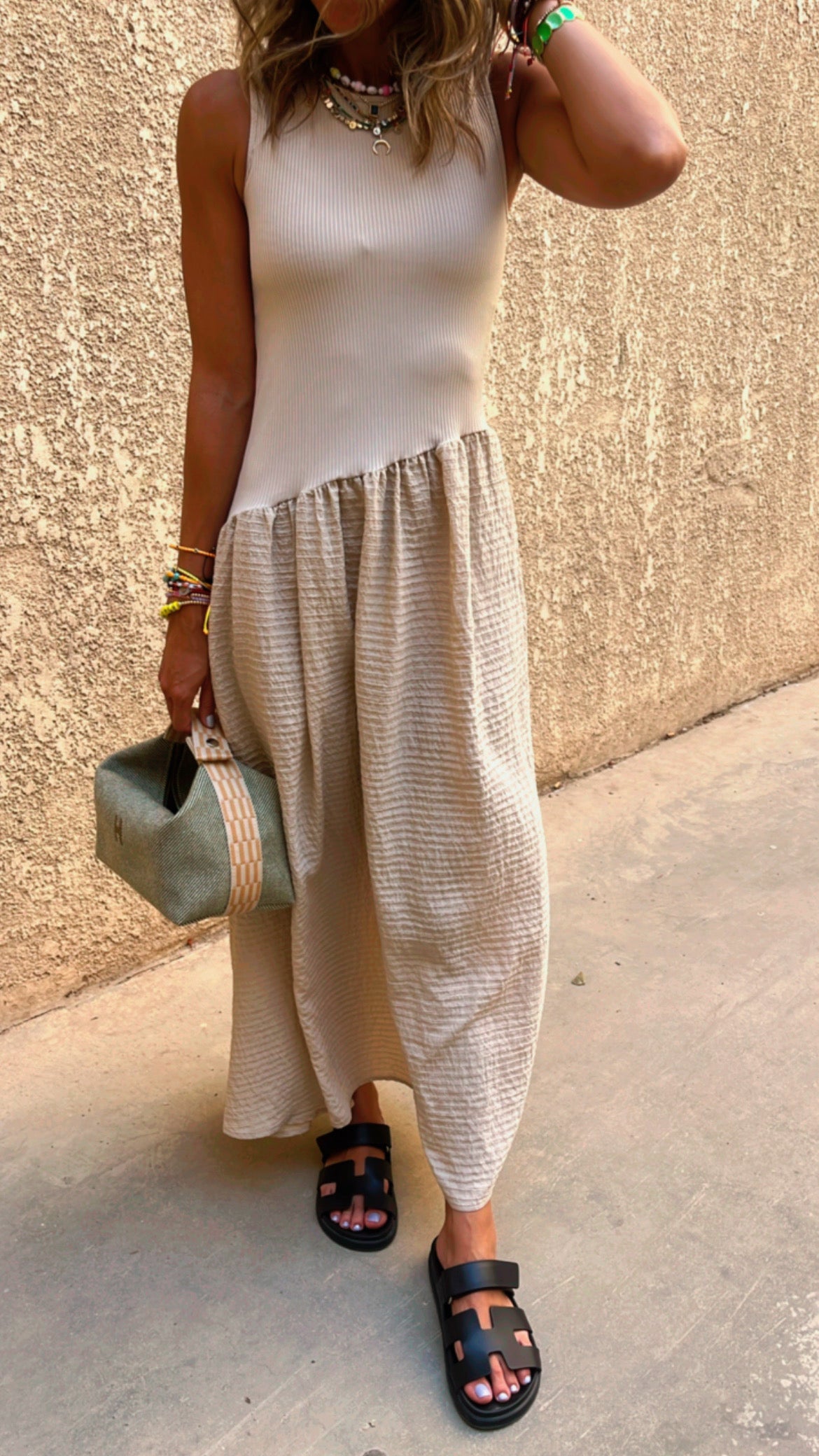 Beige Asymmetric Drop Waist Dress