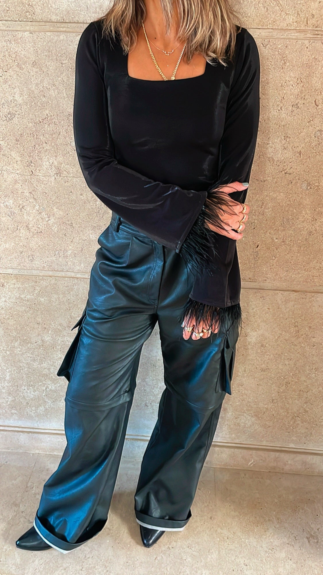 Black Fur Sleeve Top