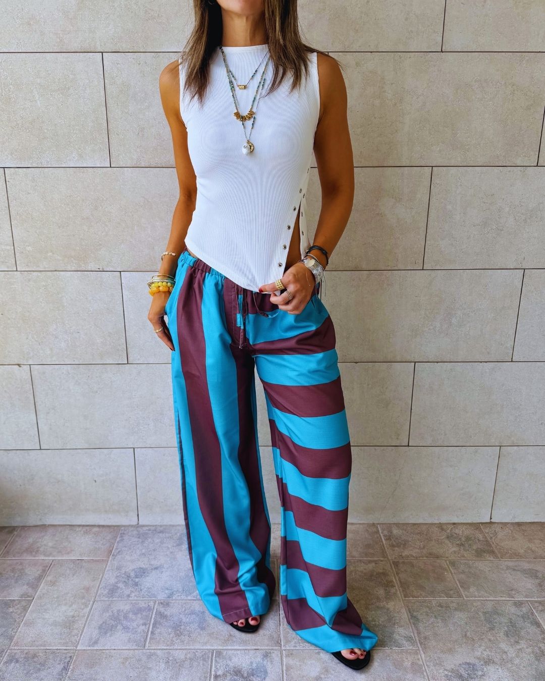 Turquoise & Brown Striped Colored Pants