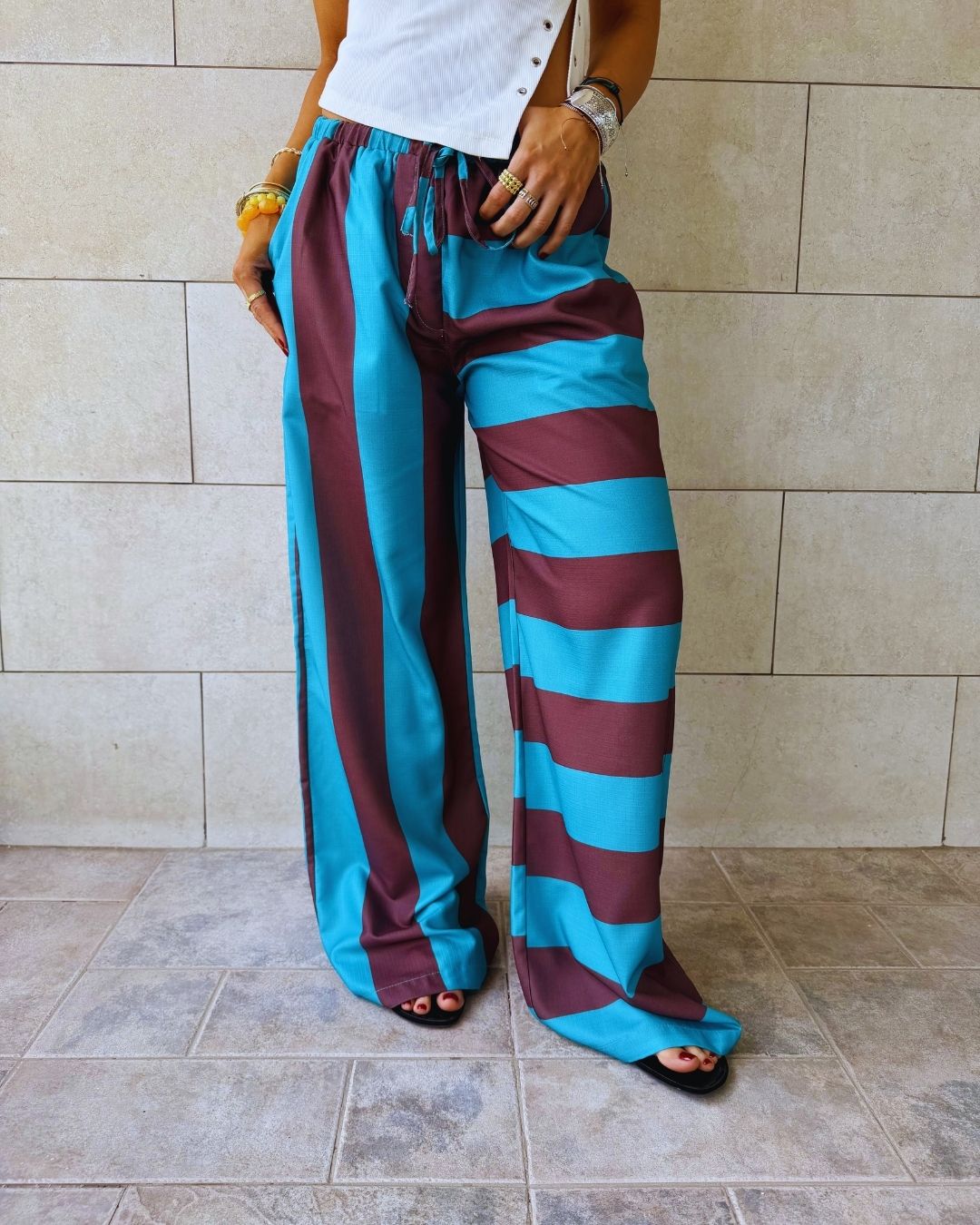Turquoise & Brown Striped Colored Pants