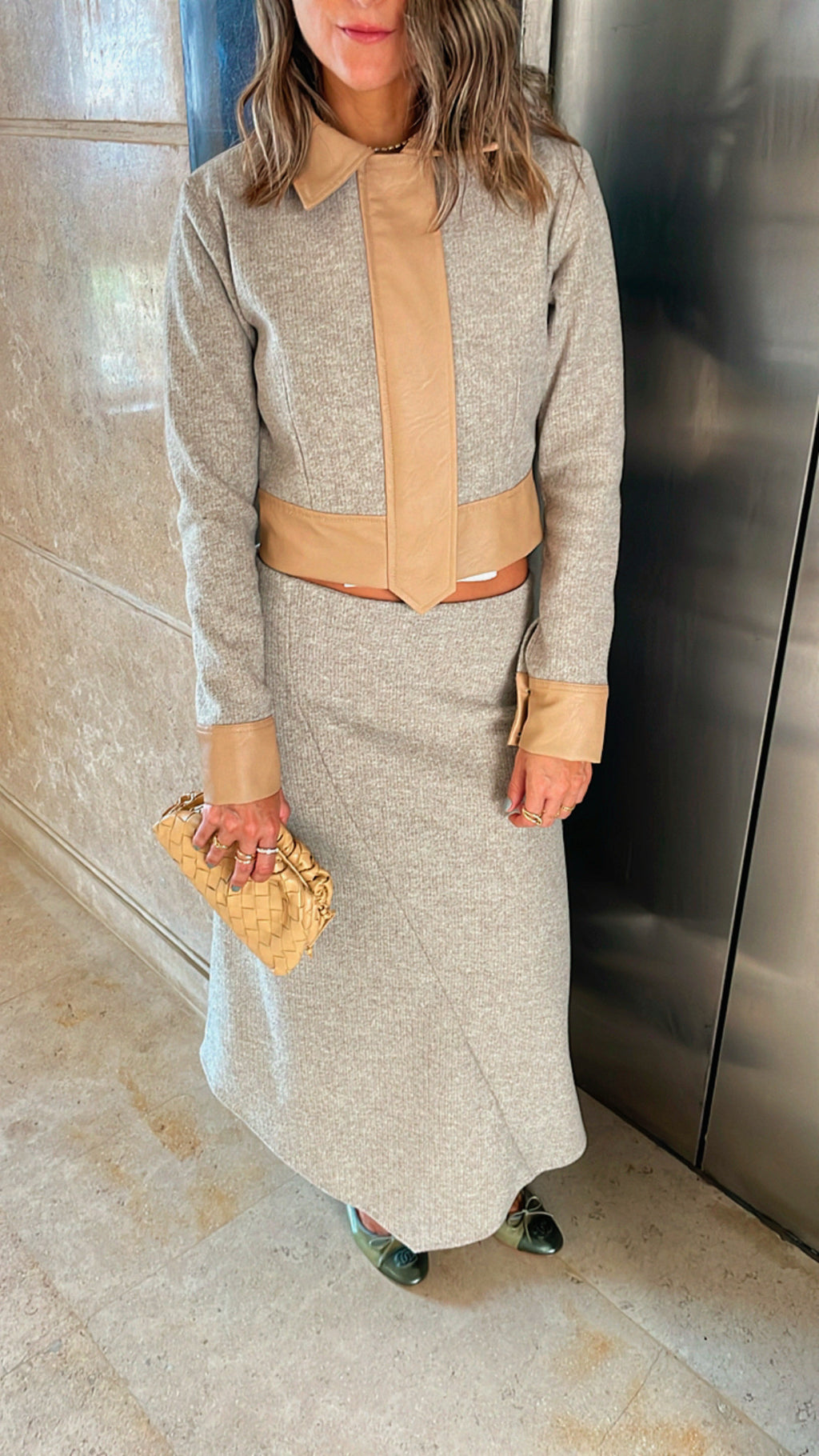 Beige Leather Jacket Skirt Set