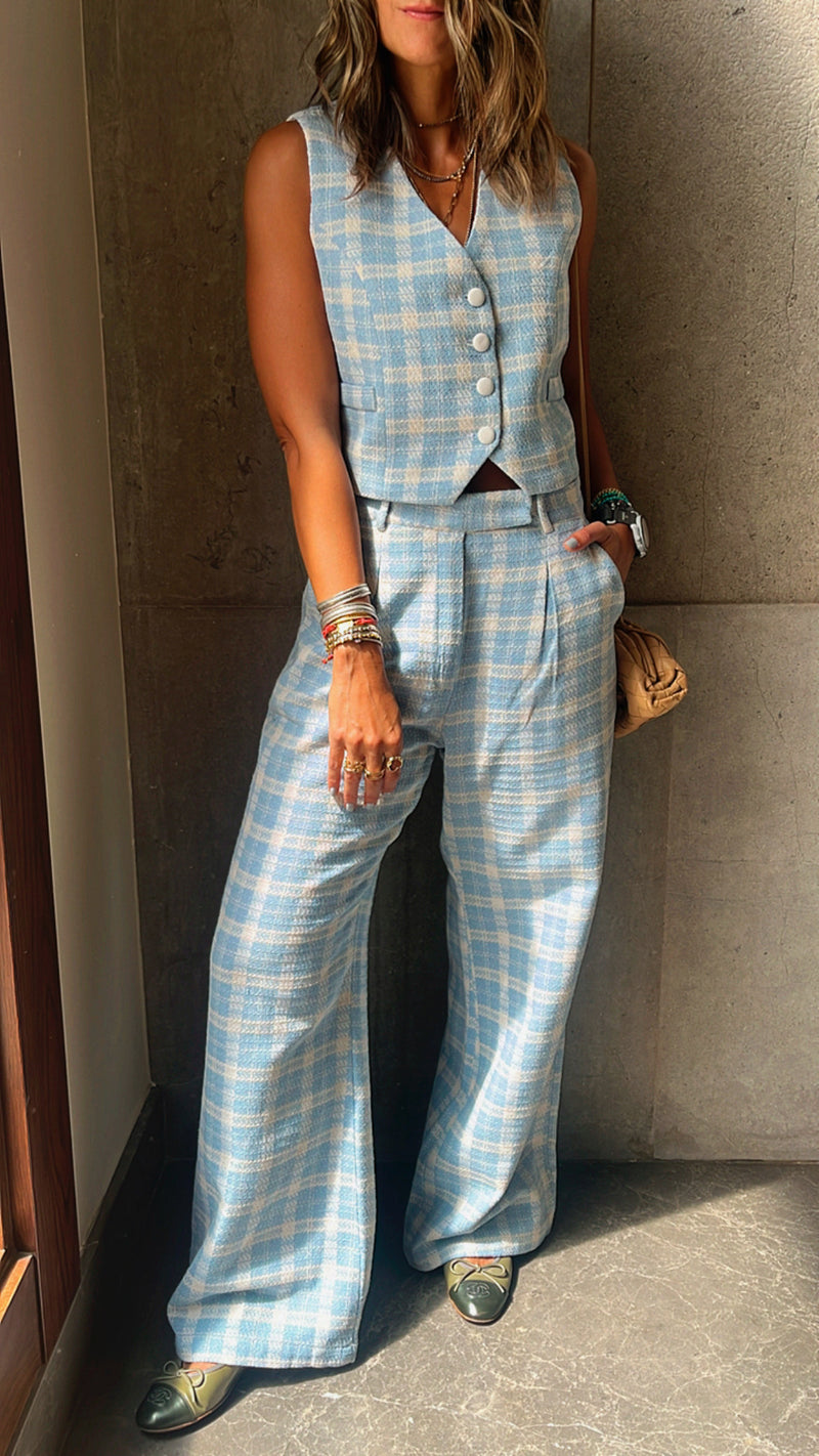 Blue Tweed Print Pants