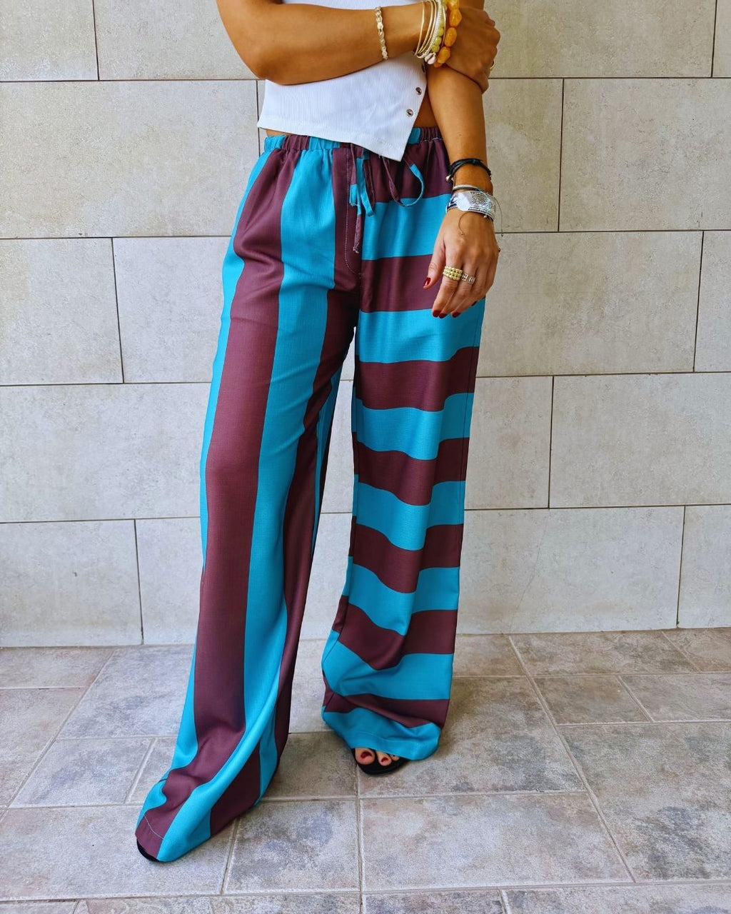 Turquoise & Brown Striped Colored Pants