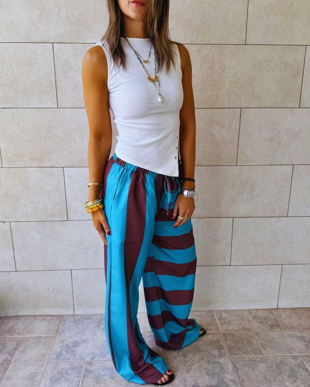 Turquoise & Brown Striped Colored Pants