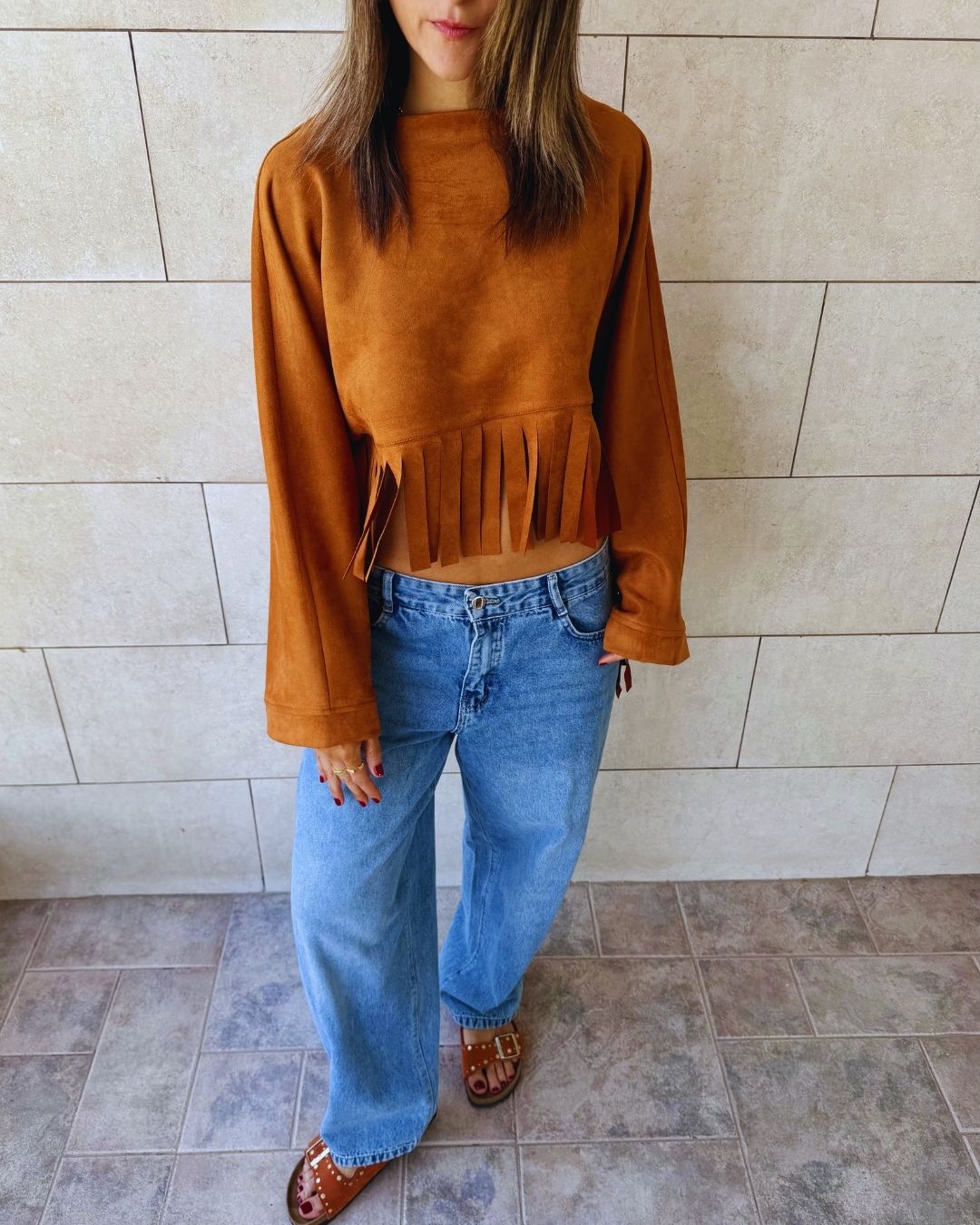 Camel Fringe Me Up Suede Longsleeve