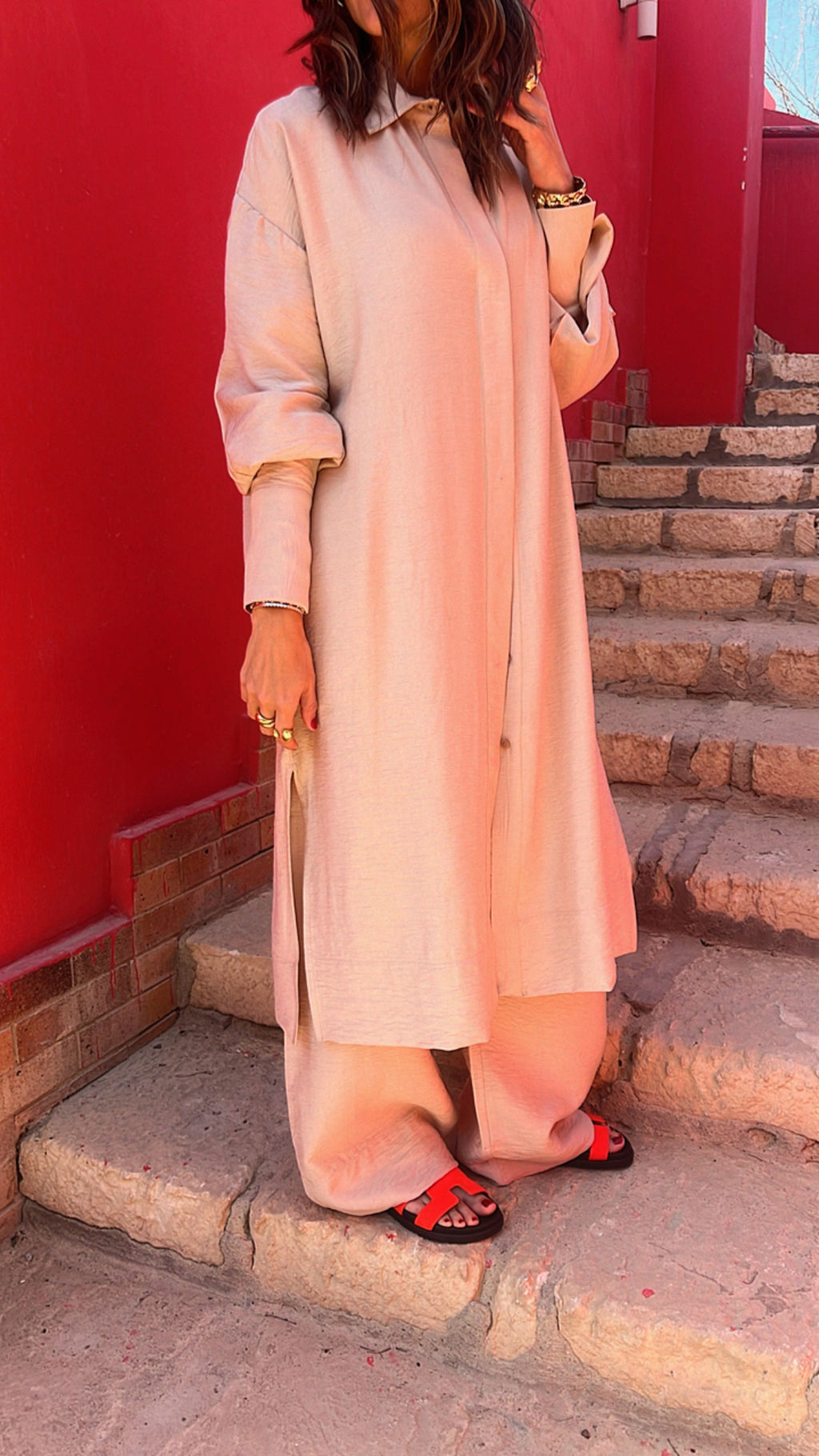 Beige Longline Shirt Set