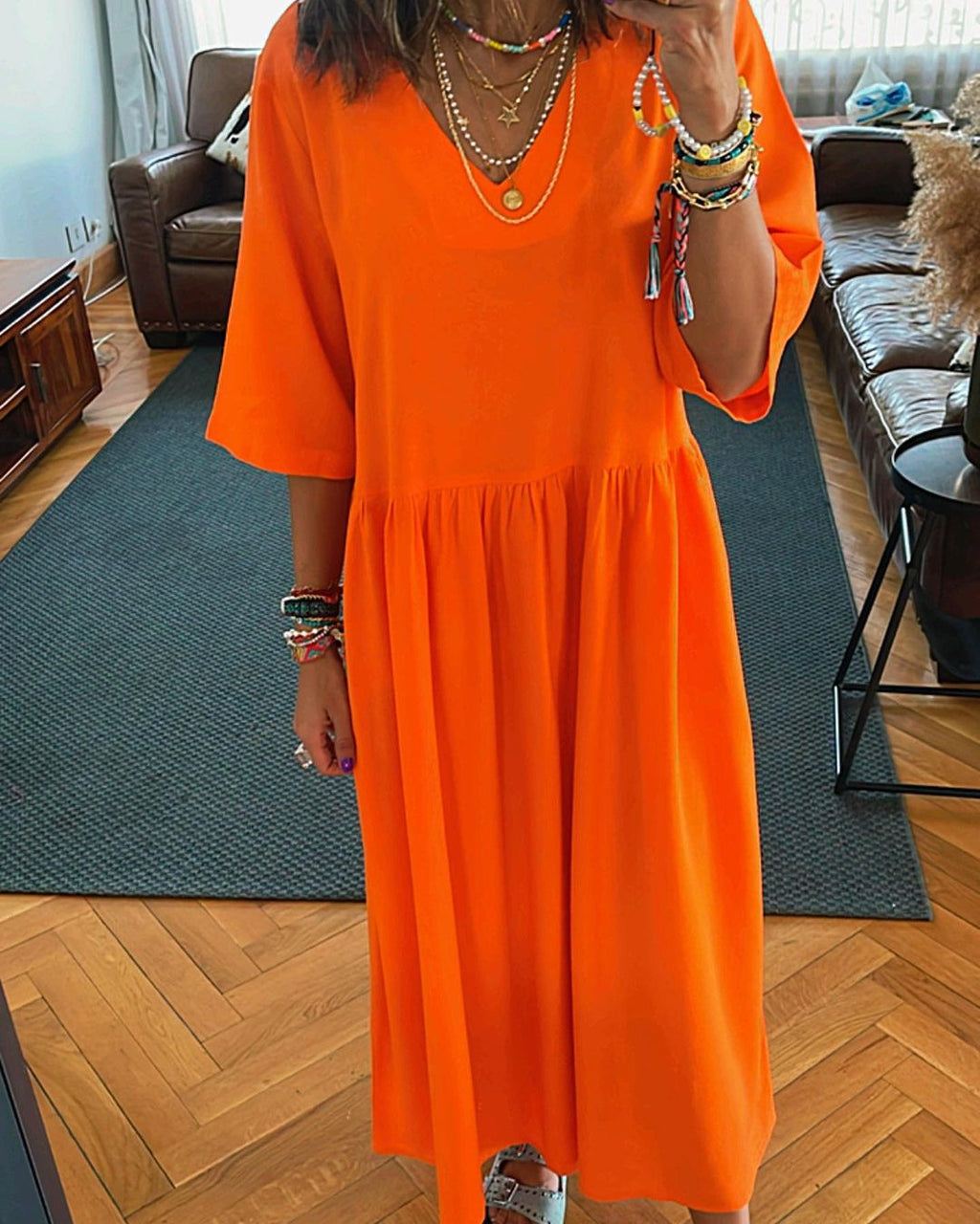 Orange Flows As It Goes Linen Dress