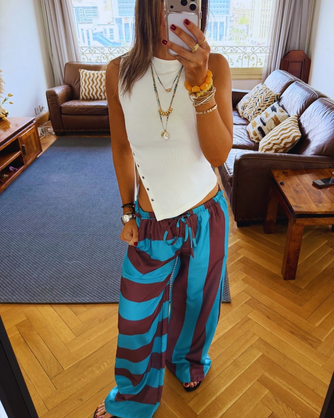 Turquoise & Brown Striped Colored Pants