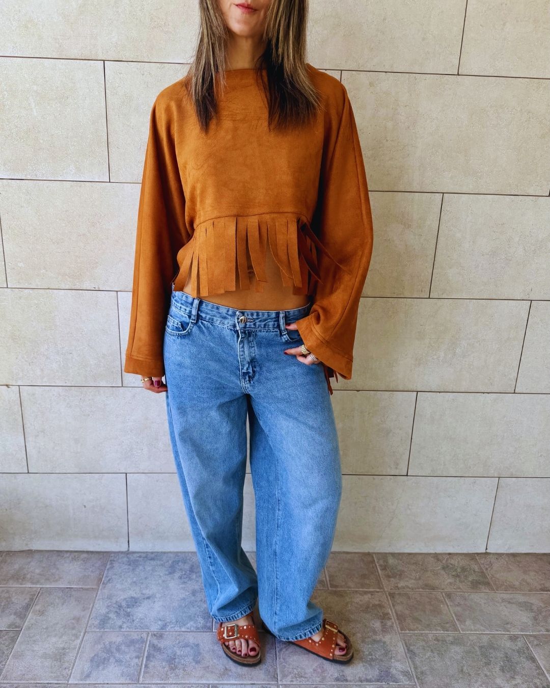 Camel Fringe Me Up Suede Longsleeve