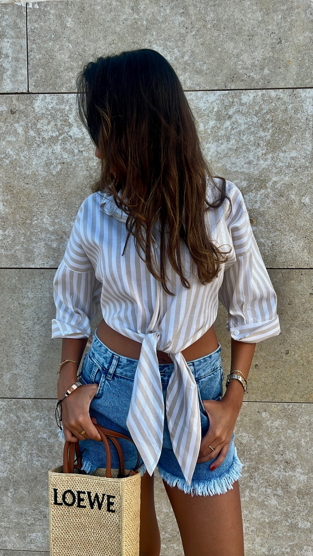 Beige Strips and Stripes Cropped Front Tie Shirt