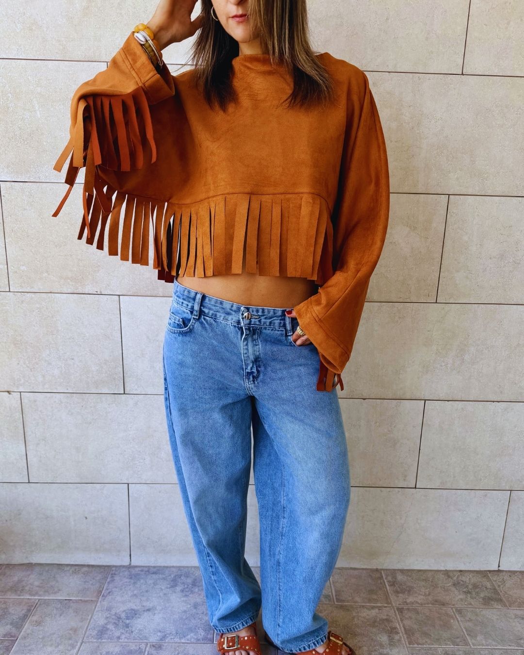 Camel Fringe Me Up Suede Longsleeve