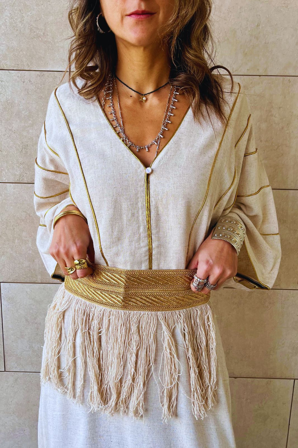 Beige Linen with detachable belt Kaftan