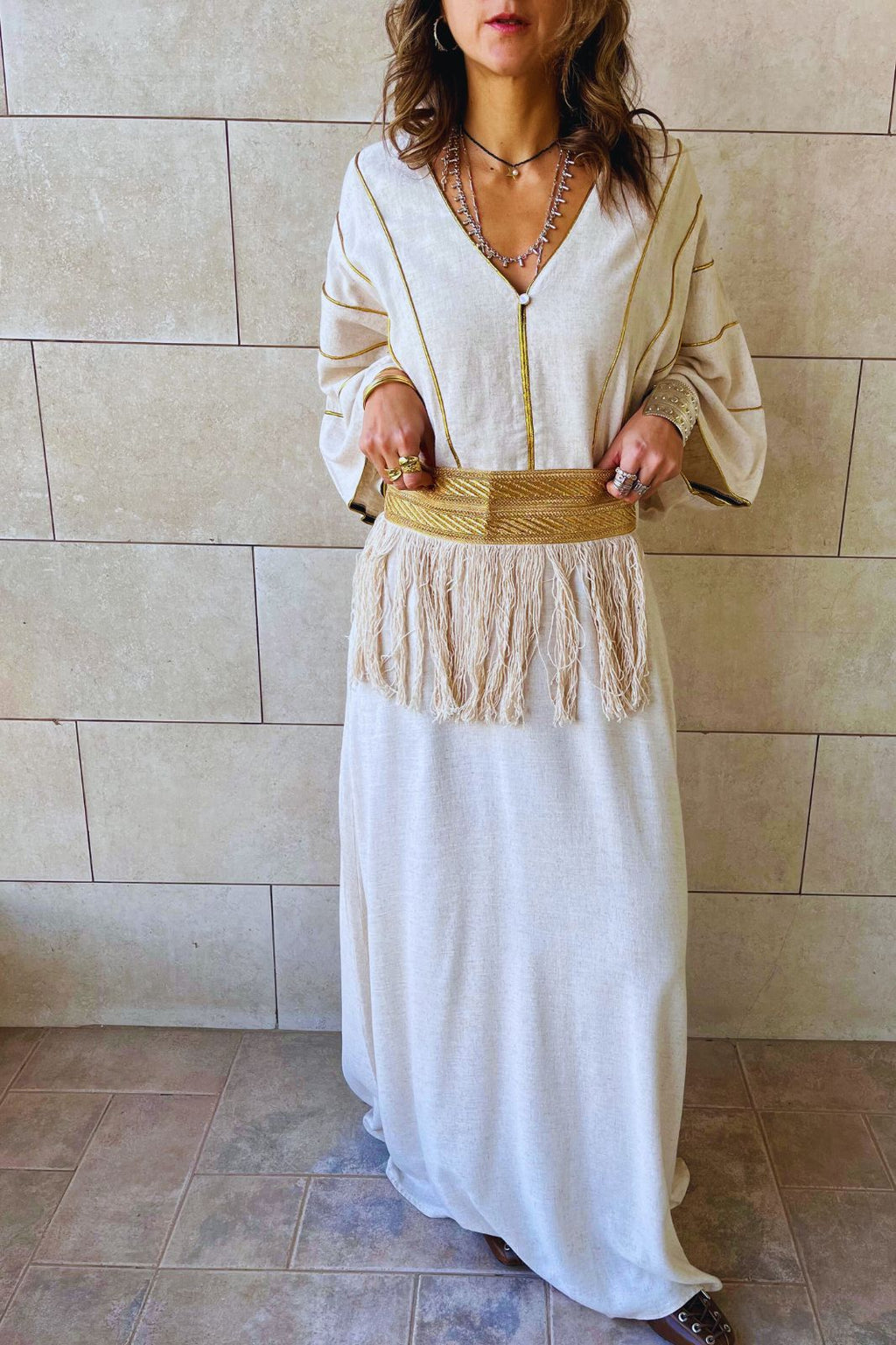 Beige Linen with detachable belt Kaftan