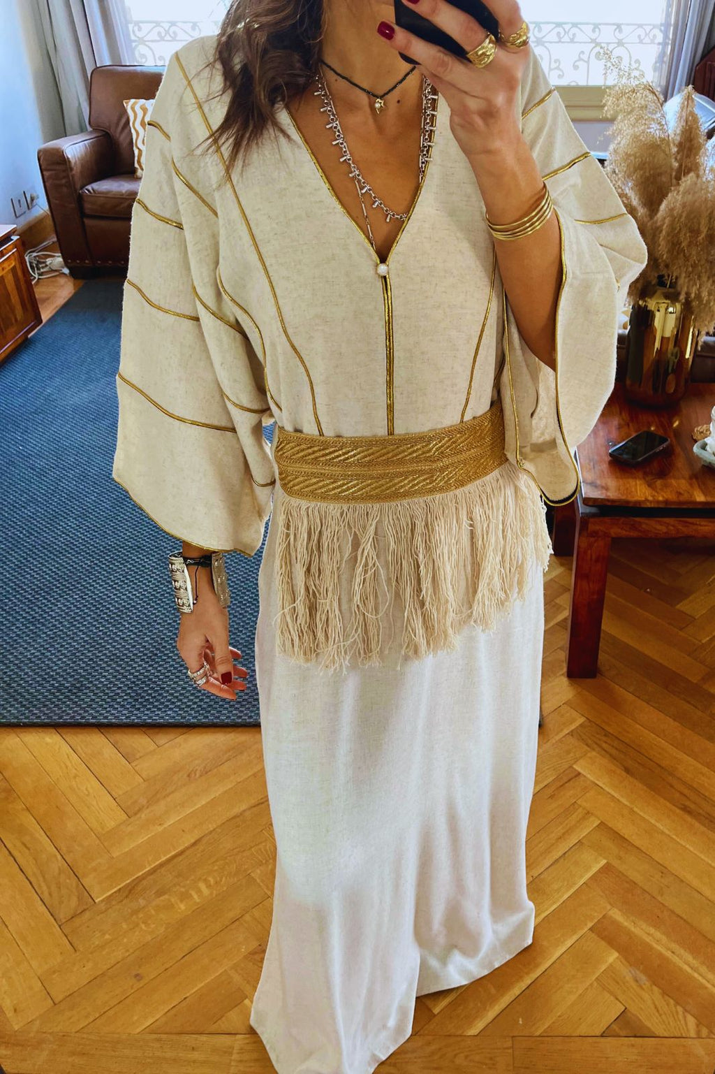 Beige Linen with detachable belt Kaftan