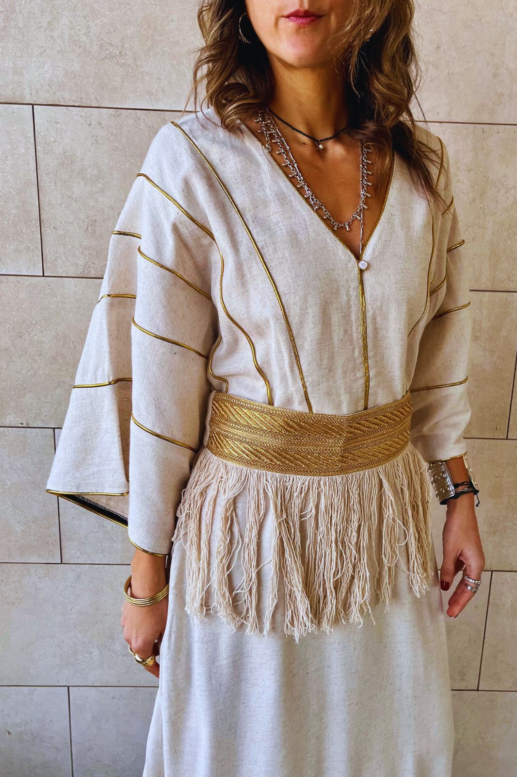 Beige Linen with detachable belt Kaftan