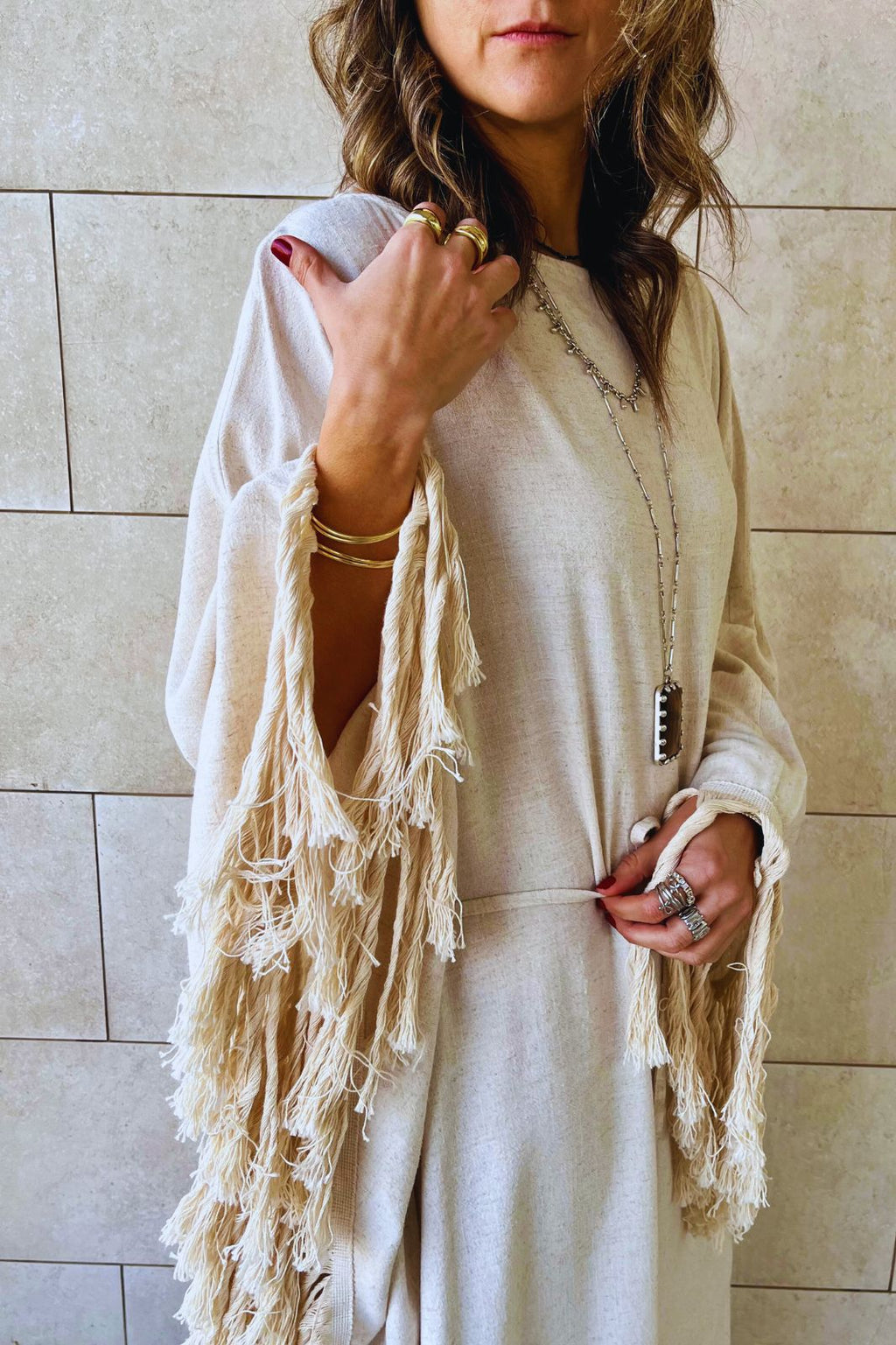 Beige linen Bohemian Poncho Dress
