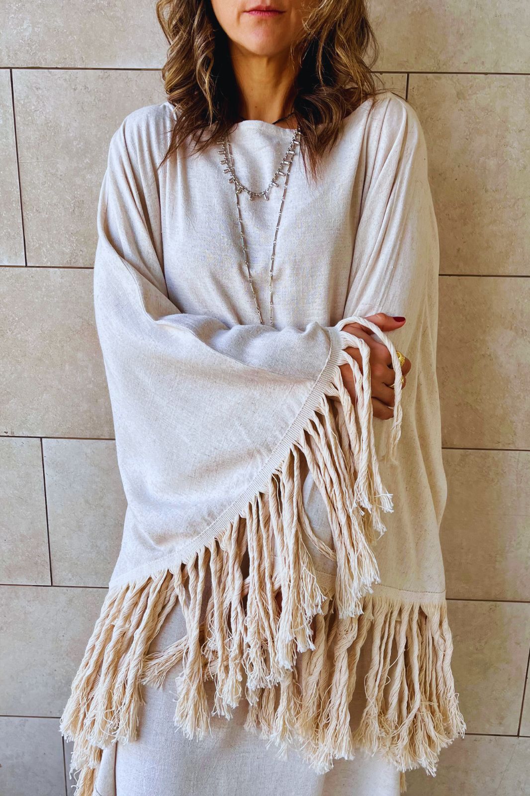 Beige linen Bohemian Poncho Dress