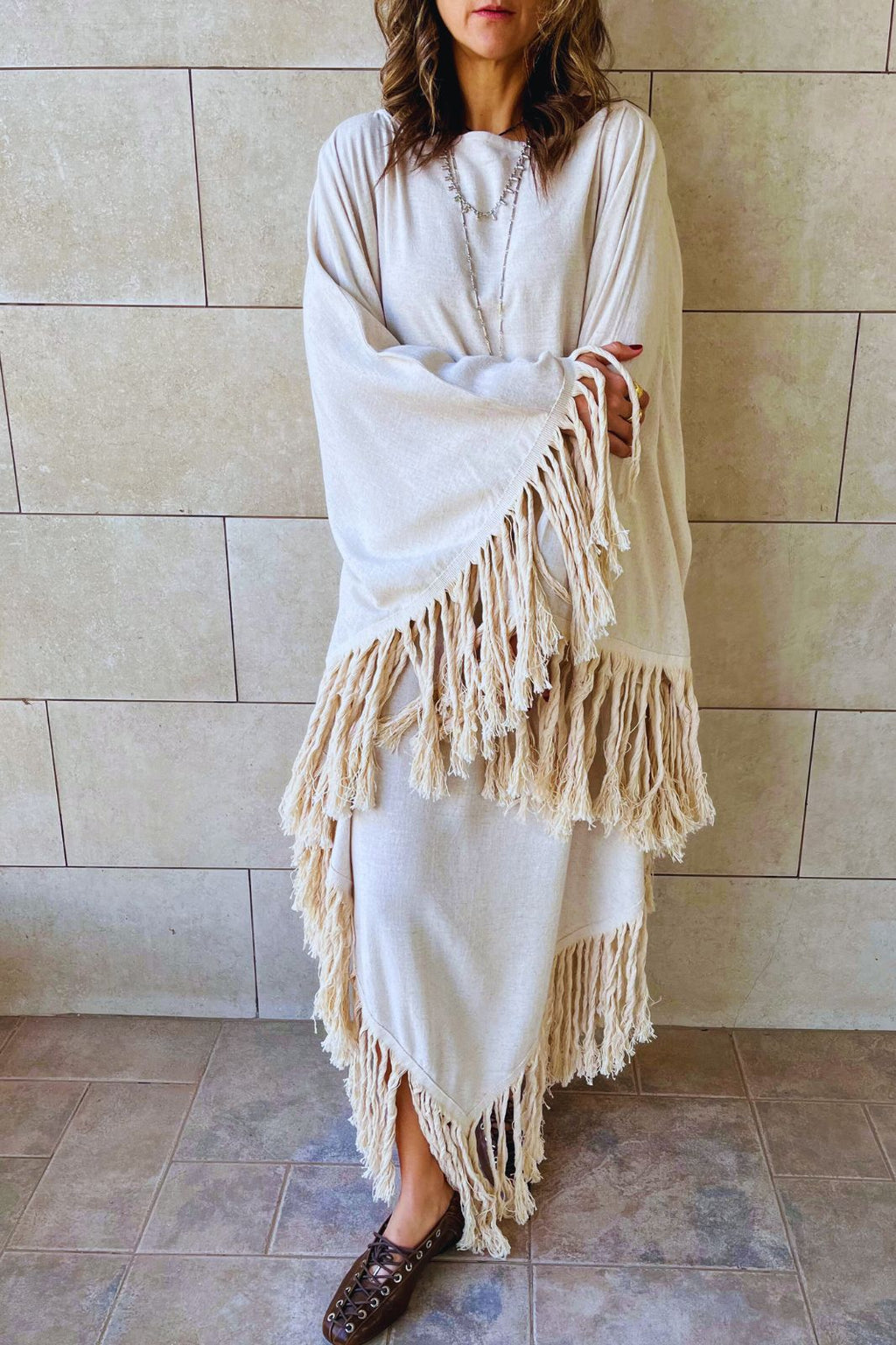 Beige linen Bohemian Poncho Dress