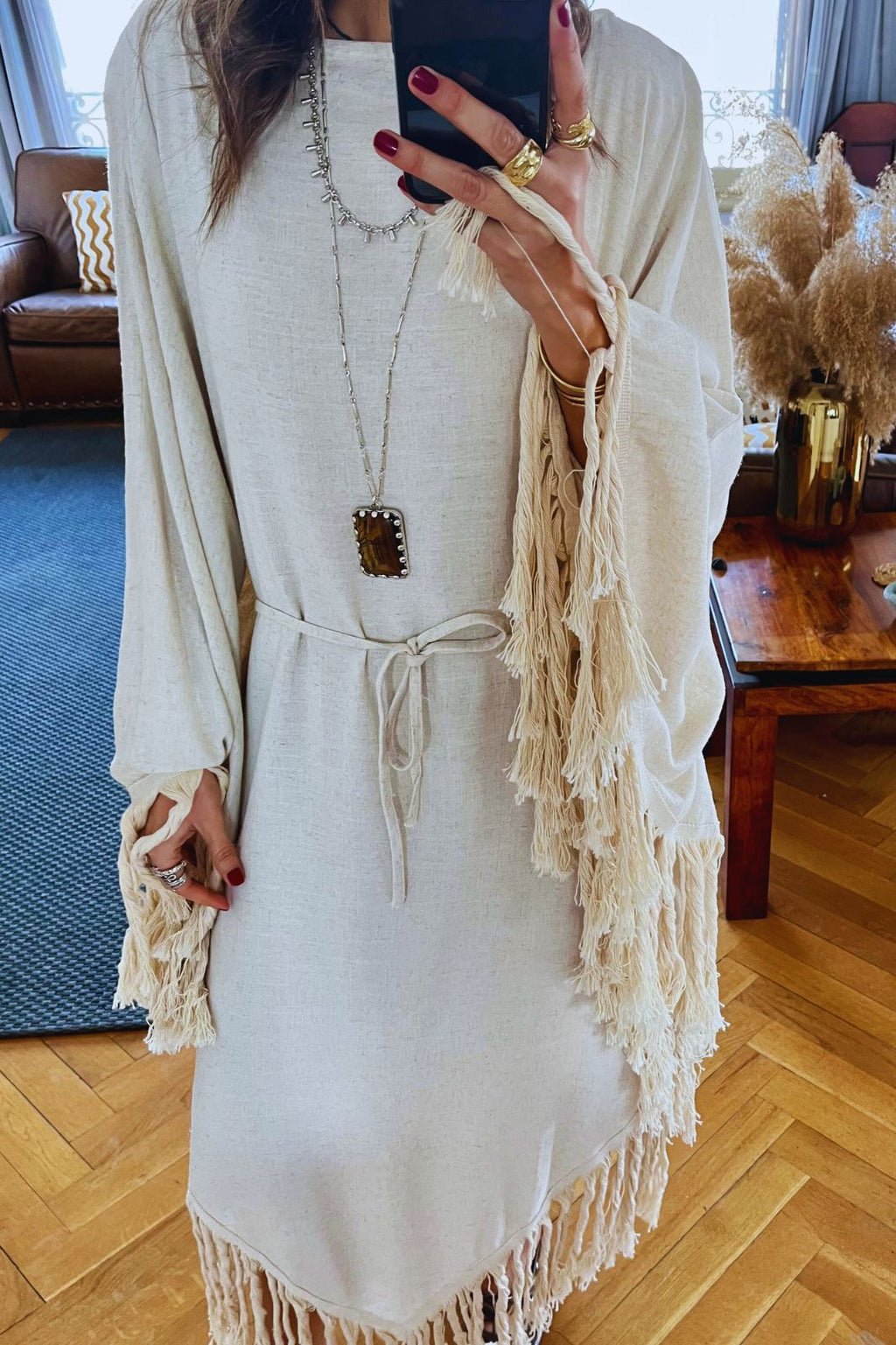 Beige linen Bohemian Poncho Dress