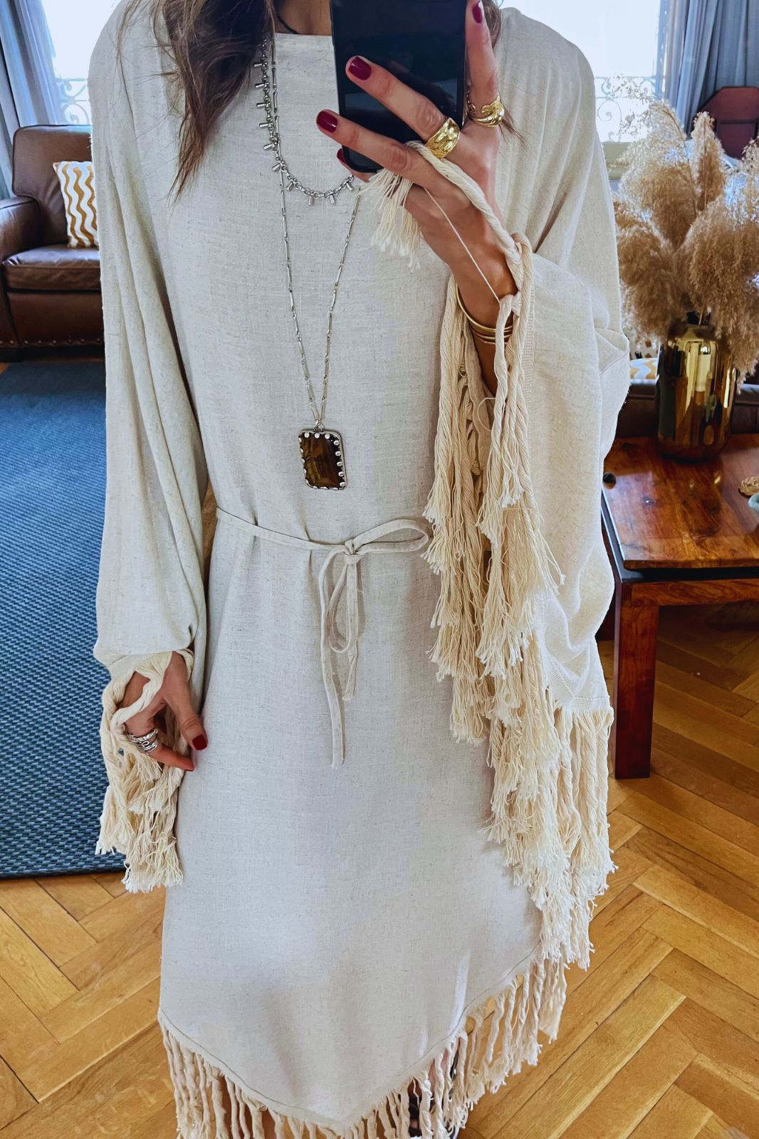 Beige linen Bohemian Poncho Dress