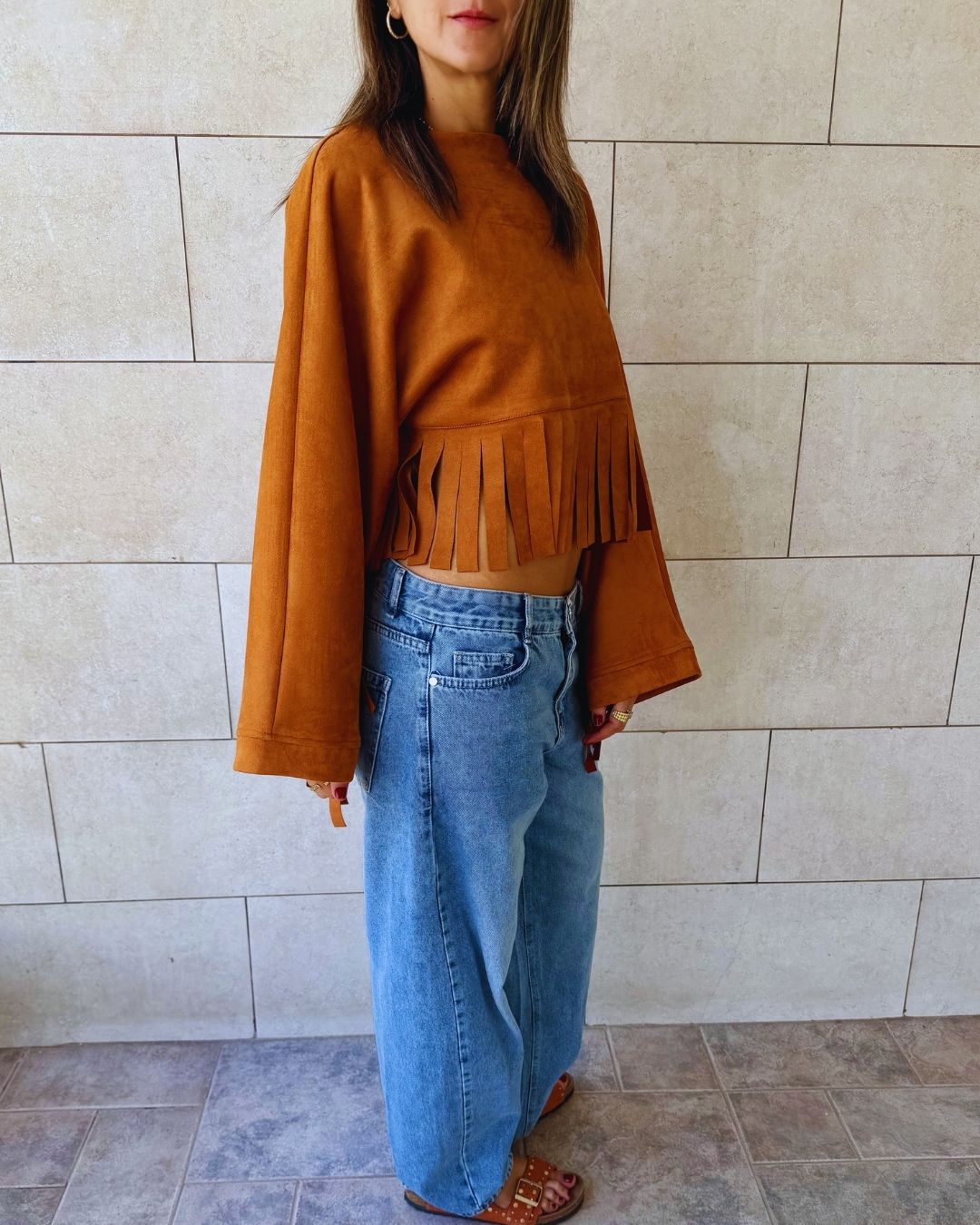 Camel Fringe Me Up Suede Longsleeve