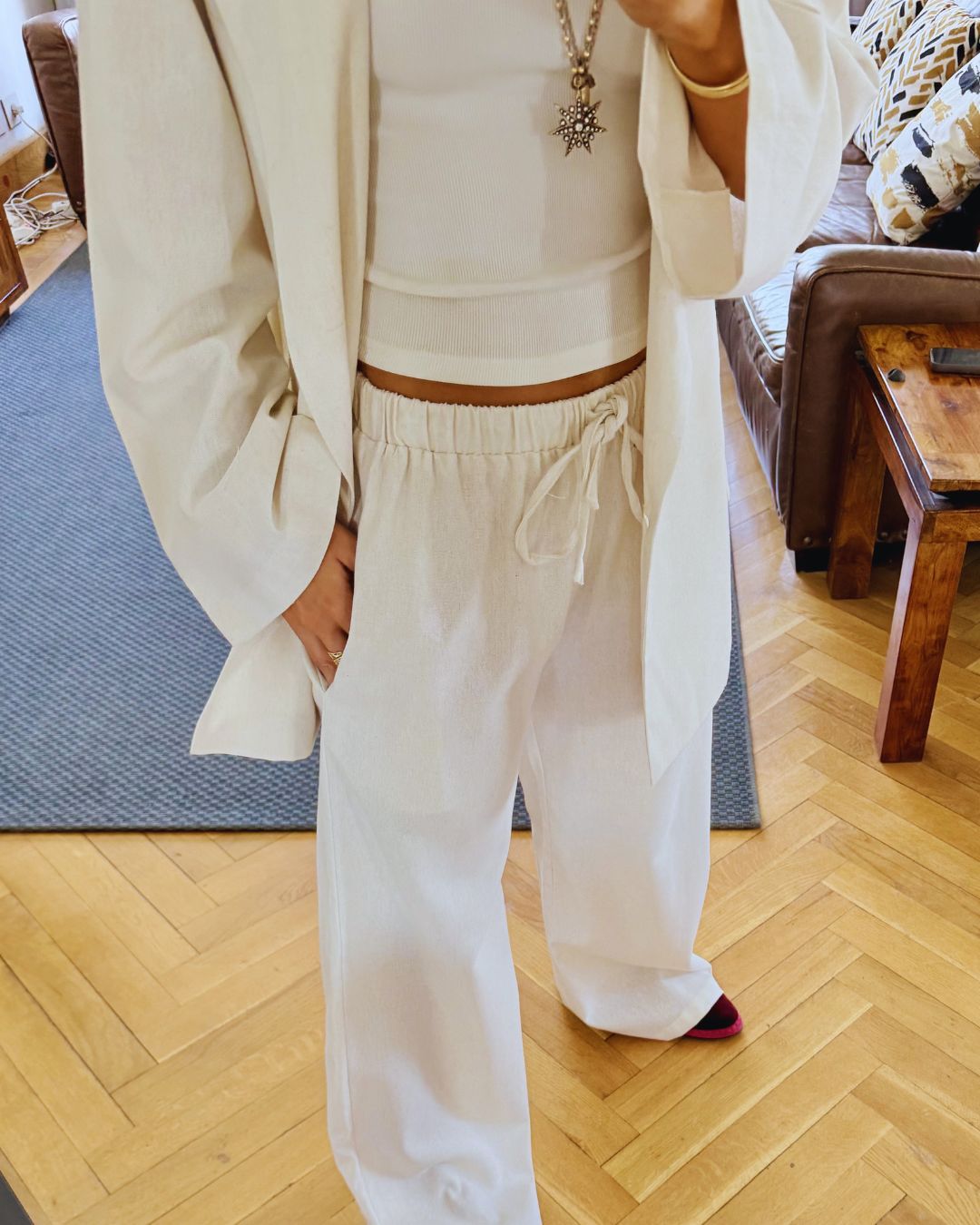 Beige Sloane Rope Linen Blend Pants