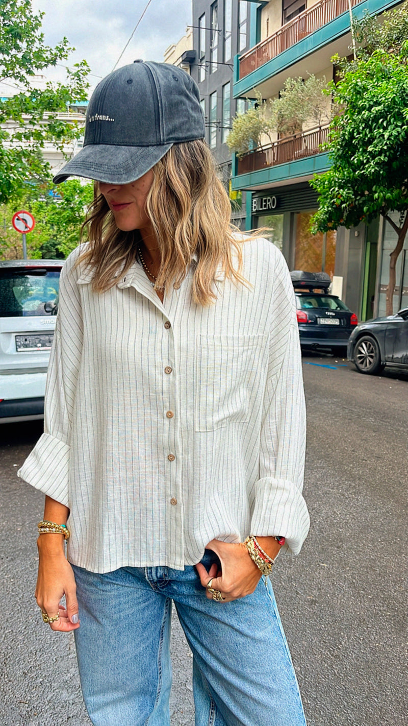 Beige Lined Linen Cropped Shirt