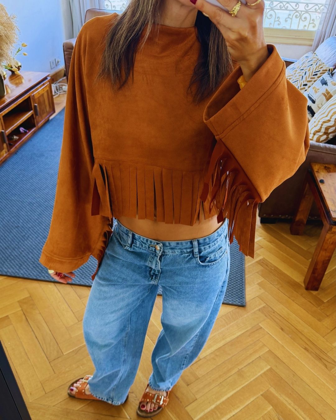 Camel Fringe Me Up Suede Longsleeve